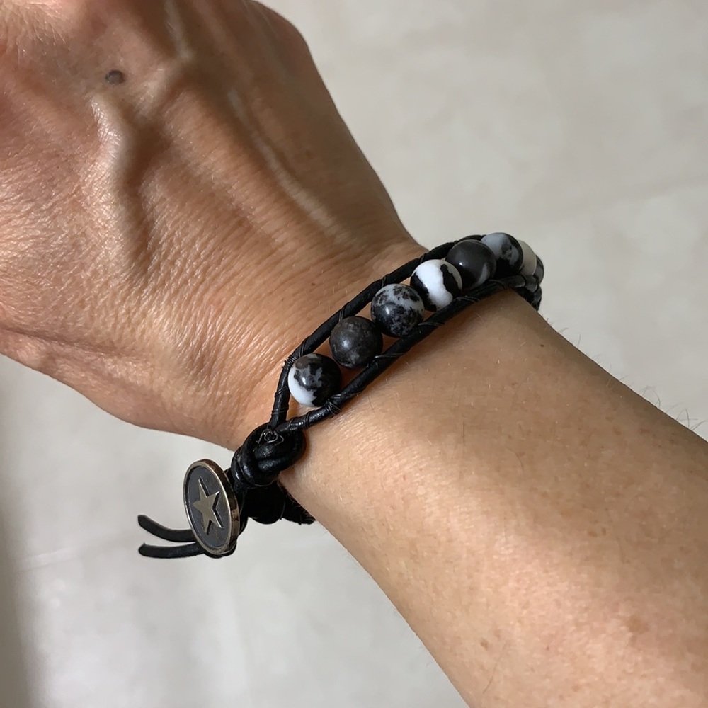🌷3 for $25🌷Handmade Zebra Stone & Leather Black White Button Closure Bracelet